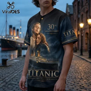 Titanic 30th Anniversary The King Of The World baseball jersey with film characters, ship illustration, and navy tones.