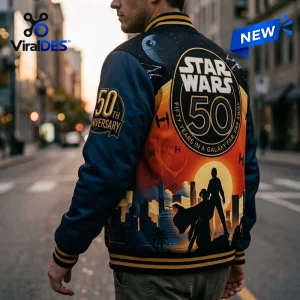 Back view of the Star Wars 50th Anniversary Darth Vader Baseball Jacket worn outdoors.