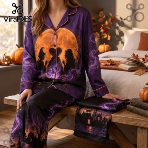 Hocus Pocus Witch Silhouette Halloween Pajama Set in purple and orange with a full moon print and button-up collared shirt.