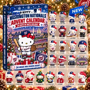Front view of Hello Kitty x Washington Nationals Advent Calendar 2026 box with twenty-four mini charm figurines.
