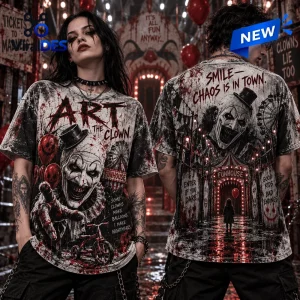 Front and back view of a graphic tee featuring a bloody clown design with text.