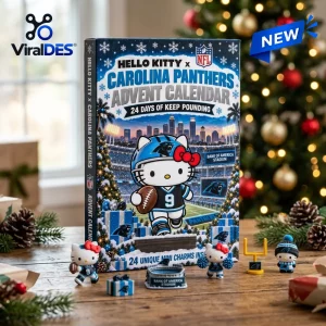 Front view of Hello Kitty x Carolina Panthers advent calendar with miniature figurines and stadium desk display.