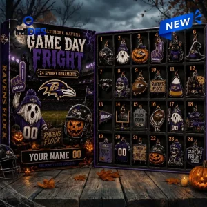 Front view of a Baltimore Ravens Game Day Fright Halloween Advent Calendar with twenty-four spooky numbered compartments.