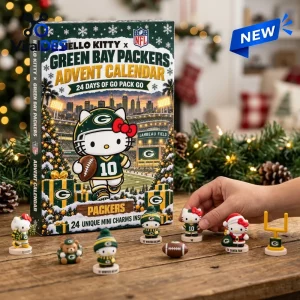 Front view of Hello Kitty x Green Bay Packers 2026 Advent Calendar box on a wooden table with mini figurines.