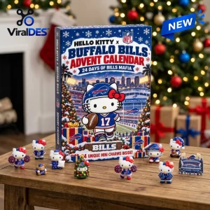 Front view of a Hello Kitty x Buffalo Bills Advent Calendar featuring small character figurines on a wooden table.