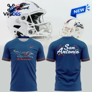 Front and back view of a blue Hispanic Heritage jersey featuring San Antonio text and helmets.