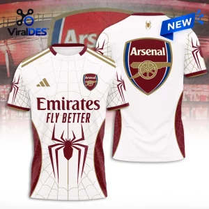 Front and back view of the Arsenal FC x Spider-Man White Hoodie featuring red accents and a large spider graphic on the lower front.