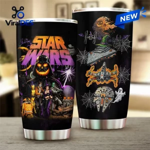 Front and side view of Star Wars Halloween pumpkin tumbler cup featuring carved jack-o-lantern helmets and starships.