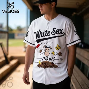 Chicago White Sox x Snoopy Peanuts Night Baseball Jersey featuring Snoopy playing baseball with POW text on white fabric.