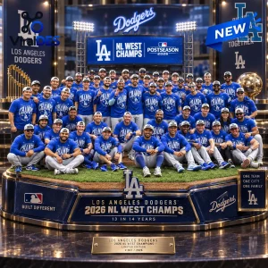 Front view of the Los Angeles Dodgers 2026 NL West Champions acrylic plaque featuring team celebration photo.