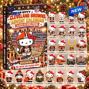 Front view of Hello Kitty x Cleveland Browns Advent calendar showing packaging and 24 miniature themed figures.
