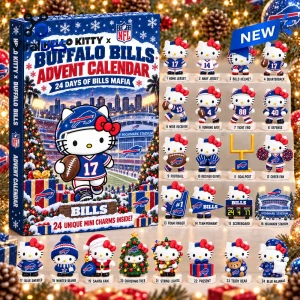 Front view of a Buffalo Bills advent calendar featuring Hello Kitty character charms displayed on a festive background.