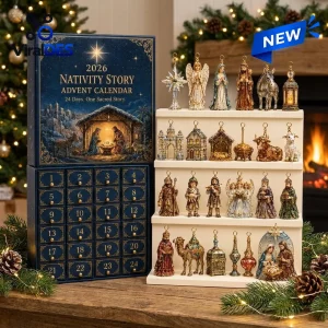 Front view of the 2026 Nativity Story Christmas Advent Calendar with twenty-four numbered drawers and displayed figurines.