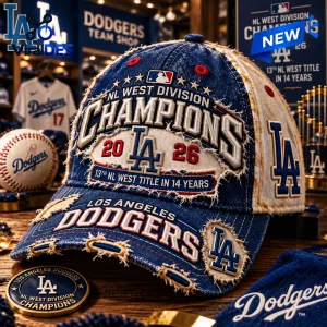 Closeup of blue distressed Los Angeles Dodgers 2026 NL West Champions cap with embroidered patches.