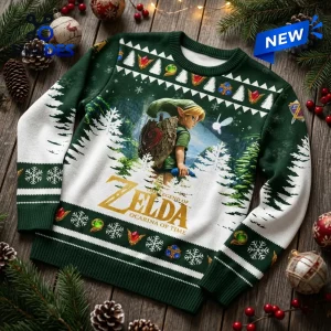 Front view of a green holiday sweater featuring Ocarina of Time graphic, snowflakes, and festive patterns.