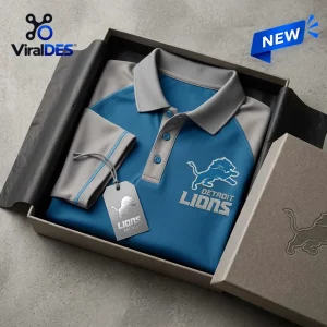 Detroit Lions Blue and Grey Two Tone Polo Shirt with team logo, folded in a cardboard presentation gift box.