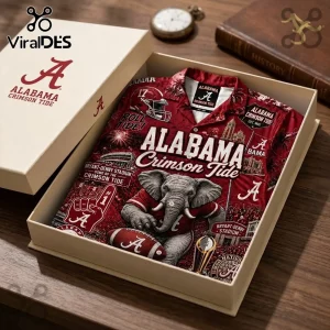 Alabama Crimson Tide Mascot Hawaiian Shirt in a gift box with Big Al elephant graphic, stadium imagery, and team logos.