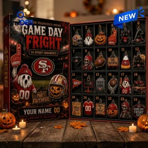 Open San Francisco 49ers Halloween 2026 Advent Calendar displaying twenty-four themed ornaments in numbered grid slots.