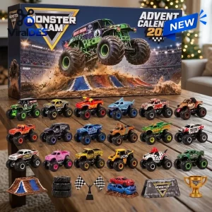 Front view of Monster Jam Advent Calendar 2026 packaging with toy trucks displayed on a table.