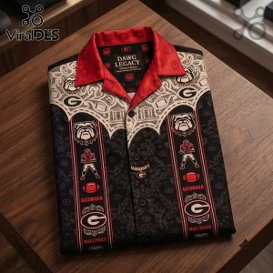 Georgia Bulldogs Premium Mascot Hawaiian Shirt featuring black fabric, red collar, mascot graphics, and university logos.