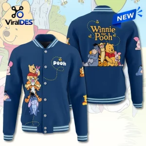 Winnie the Pooh Navy Blue Baseball Jacket featuring a character print on the front, back, and striped rib-knit trim.
