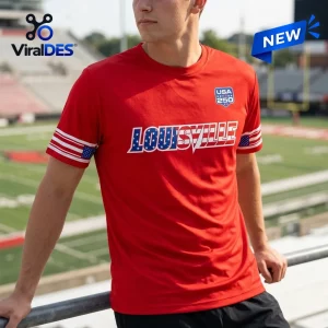 Louisville Cardinals Salute to Service 2026 shirt in red with USA 250 logo and American flag sleeve stripes.