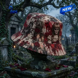 Side view of Annabelle Horror Movie Bucket Hat featuring a blood splatter pattern and doll portrait.