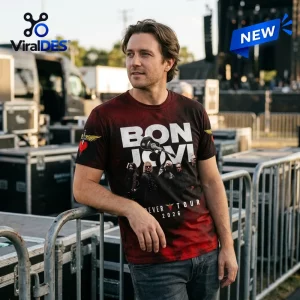 Bon Jovi Forever Tour 2026 Red Smoke T-Shirt featuring band portrait and logo on a dark red tie-dye style background.