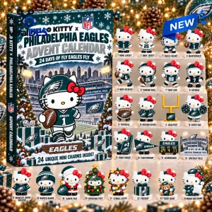 Front view of a Philadelphia Eagles advent calendar displaying twenty-four mini Hello Kitty figures and sports charms.