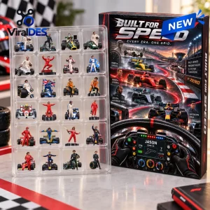 Front view of F1 Racing Legends Christmas Advent Calendar 2026 with a plastic tray displaying twenty racing figurines.