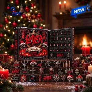 Front view of Slayer Christmas Advent Calendar 2026 displaying open numbered doors and collectible metal ornaments.