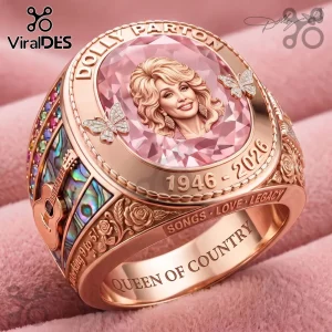 Dolly Parton 1946-2026 Rose Gold Ring featuring a pink gemstone, portrait, butterflies, and country music engravings.