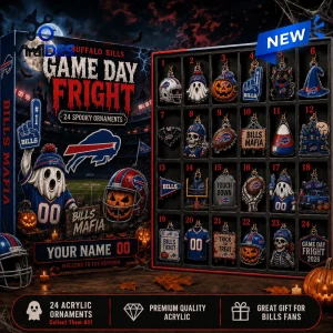 Front view of Buffalo Bills Game Day Fright Halloween Advent Calendar with twenty-four spooky acrylic ornaments.