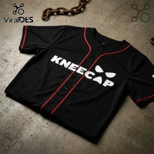 Kneecap Fenian Tour Signature Baseball Jersey in black with red piping, white chest text, and black button-down front.
