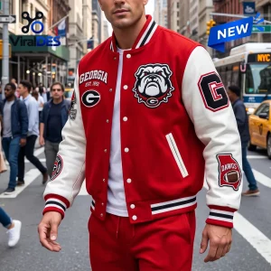Georgia Bulldogs Mascot Baseball Jacket featuring red wool body, white sleeves, team patches, and snap-button closure.