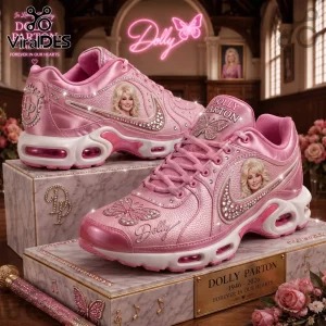 Dolly Parton Pink Rhinestone Air Max Plus Sport Shoes featuring butterfly accents and portrait graphics on a marble base.