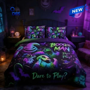 Front view of an Oogie Boogie Glow in the Dark Bedding Set featuring neon character graphics.
