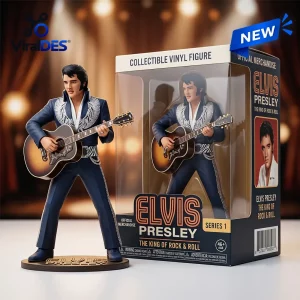 Elvis Presley Jumpsuit 3D Vinyl Figure wearing a blue suit with silver accents, holding an acoustic guitar next to its box.