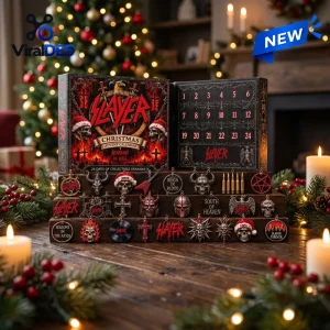 Front view of Slayer Christmas Advent Calendar 2026 with metal ornaments displayed on a wooden stand.