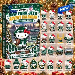 Front view of a Hello Kitty x New York Jets advent calendar with twenty-four numbered holiday charms displayed.