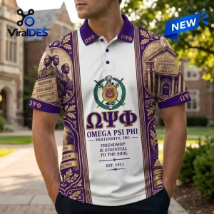 Front view of an Omega Psi Phi Fraternity polo shirt featuring purple and gold Greek designs and historical imagery.