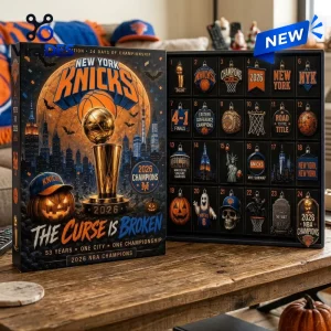 Front view of a New York Knicks 2026 Champions advent calendar with twenty-four numbered decorative ornaments.
