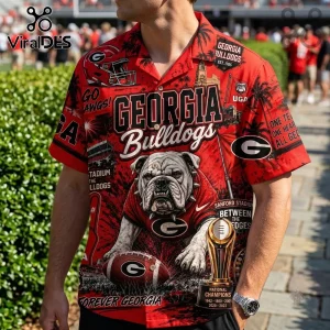 Georgia Bulldogs National Champions Hawaiian shirt featuring a bulldog mascot, football, and championship trophy in red.