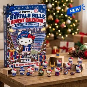 Front view of Hello Kitty x Buffalo Bills Advent Calendar box with assorted mini figurines on a wooden table.