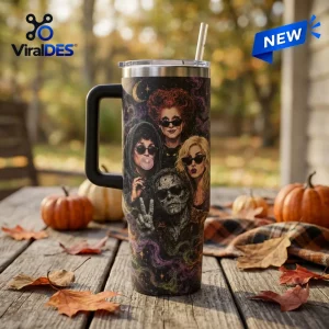 Hocus Pocus Amok 40oz Stanley Tumbler featuring Sanderson sisters illustration with sunglasses on a dark autumn background.