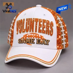 Front view of a white Tennessee Volunteers Game Day baseball cap 2026 with orange sequin accents and rhinestone lettering.