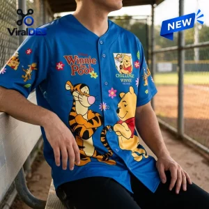 Disney Winnie the Pooh Blue Baseball Jersey featuring Tigger and Pooh characters with floral accents on a button-up shirt.