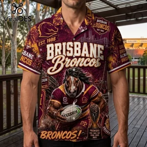 Brisbane Broncos Maroon Hawaiian Shirt featuring a horse mascot, rugby ball, stadium graphics, and team branding.