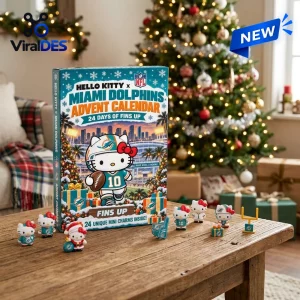 Front view of a Hello Kitty x Miami Dolphins advent calendar on a table with several small character figurines.