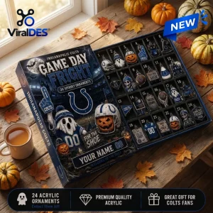 Top view of Indianapolis Colts Halloween advent calendar with 24 spooky numbered compartments on wooden table.